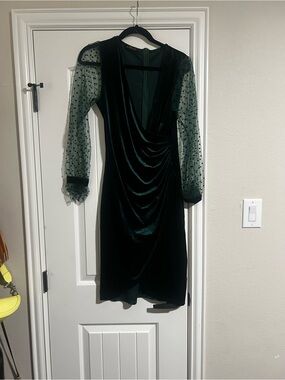 Velvet Wrap Dress with Sheer Polka Dot Sleeves - Dark Green